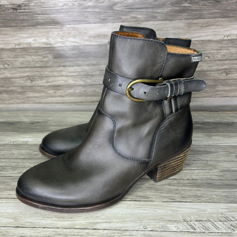 Pikolinos Baqueira Mid Heel Leather Booties Womens Buckle Spain Boots 39/9
